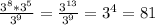 \frac{3^8*3^5}{3^9} = \frac{3^{13}}{3^9} =3^4=81