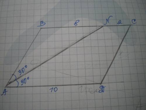 Биссектриса an параллелограмма abcd разбивает этот угол a на два угла по 30 градусов каждый, а проти