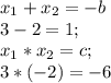 x_1+x_2=-b \\ &#10;3-2=1;&#10; \\ x_1*x_2=c; \\ 3*(-2)=-6