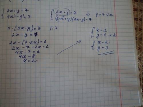 Решить систему уравнений { 2x+y=7 4x²-y²=7