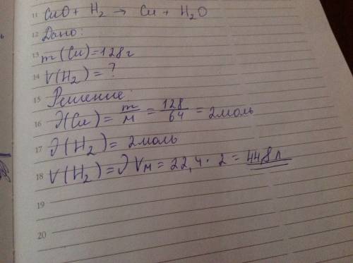 Сколько литров водорода потребуется для восстановления 128 г меди из оксида меди (ii)? в ответе запи