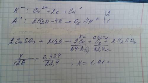 При электролизе раствора cuso4 на аноде выделилось 334 см3 газа(н.у). составьте электронные уравнени