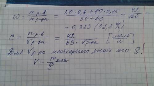 Определите массовую долю и молярную концентрацию растворов , смешением 50г. 60% раствора и 80г. 15%