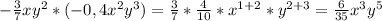 -\frac{3}7xy^2*(-0,4x^2y^3)=\frac{3}7*\frac{4}{10}*x^{1+2}*y^{2+3}=\frac{6}{35}x^3y^5