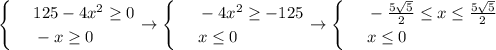 \begin{cases}&#10; & \text{ } 125-4x^2 \geq 0 \\ &#10; & \text{ } -x \geq 0 &#10;\end{cases}\to \begin{cases}&#10; & \text{ } -4x^2 \geq -125 \\ &#10; & \text{ } x \leq 0 &#10;\end{cases}\to \begin{cases}&#10; & \text{ } - \frac{5 \sqrt{5} }{2} \leq x \leq \frac{5 \sqrt{5} }{2} \\ &#10; & \text{ } x \leq 0 &#10;\end{cases}&#10;&#10;&#10;