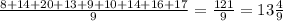 \frac{8+14+20+13+9+10+14+16+17}{9} = \frac{121}{9}=13 \frac{4}{9}