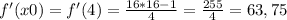 f'(x0)=f'(4)= \frac{16*16-1}{4}= \frac{255}{4}=63,75