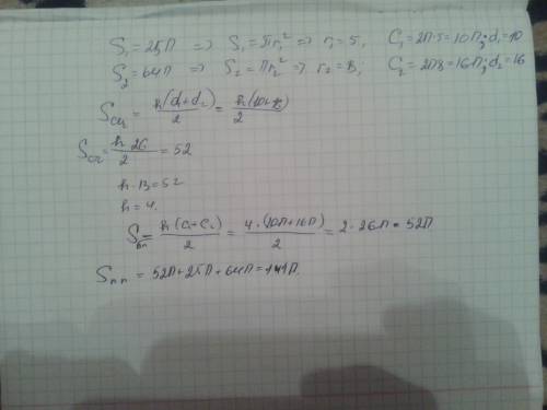 Найдите площадь полной поверхности усечённого конуса, если площади его оснований 25π см² и 64π см²,