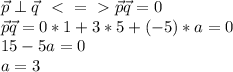\vec{p} \perp \vec{q} \ \ \textless \ =\ \textgreater \ \vec{p} \vec{q} = 0 \\ \vec{p} \vec{q} = 0*1+3*5+(-5)*a=0 \\ 15-5a=0 \\ a=3