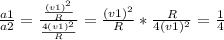 \frac{a1}{a2} = \frac{\frac{(v1)^{2} }{R}}{\frac{4(v1)^{2} }{R}} = \frac{(v1)^{2} }{R} * \frac{R }{4(v1)^{2} } = \frac{1}{4}