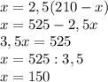 x = 2,5(210 - x) \\ &#10;x = 525 - 2,5x \\ &#10;3,5x = 525 \\ &#10;x = 525 : 3,5 \\ &#10;x = 150 \\