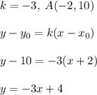 k=-3,\; A(-2,10)\\\\y-y_0=k(x-x_0)\\\\y-10=-3(x+2)\\\\y=-3x+4