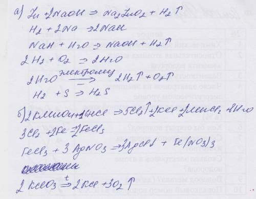 Совершить перетворення a)naoh→h2→ nah→ h2→ h2o→ h2→h2s b) kmno4→ cl2→ fecl3→ agcl ↓ ↑ kclo3 → kcl ,