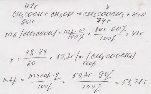 Какая масса метилацетата образуется при взаимодействии 80 г 60% раствора уксусной кислоты с метиловы