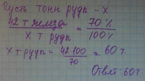 Руда мiстить 70% залiза . скiльки тонн руди треба взяти щоб у нiй мiстилося 42 тонни залiза ?