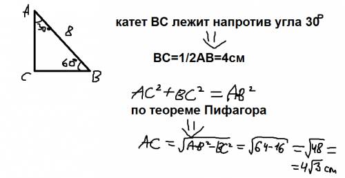 Упрямому трикутнику гіпотенуза дорівнює 8 см , кут b = 60 градусів . знайдіть катет ac