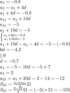 a_5=-0.8 \\ &#10;a_5=a_1+4d \\ &#10;a_1+4d=-0.8 \\ &#10;a_{11}=a_1+10d \\ a_{11}=-5 \\ &#10;a_1+10d=-5 \\ &#10; \left \{ {{a_1+4d=-0.8} \atop {a_1+10d=-5} \right. \\ &#10;a_1+10d-a_1-4d=-5-(-0.8) \\ 6d=-4.2 \\ |;6 \\ &#10;d=-0.7 \\ &#10;a_1=-5-10d=-5+7 \\ a_1=2 \\ a_{21}=a_1+20d=2-14=-12 \\ &#10;S_{21}= \frac{a_1+a_{21}}{2}21 \\ &#10;S_{21}= \frac{2-12}{2}21=(-5)*21=-105