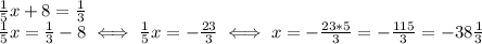 \frac{1}{5}x+8= \frac{1}{3} \\ &#10; \frac{1}{5}x= \frac{1}{3}-8 \iff \frac{1}{5}x=- \frac{23}{3}&#10;\iff x=- \frac{23*5}{3}=- \frac{115}{3}=-38 \frac{1}{3}