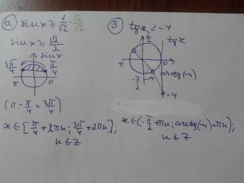 Решите графически неравенства : а) sinx> = 1/корень из 2 б) tgx < -4