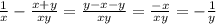 \frac{1}{x}- \frac{x+y}{xy} = \frac{y-x-y}{xy}= \frac{-x}{xy}= -\frac{1}{y}