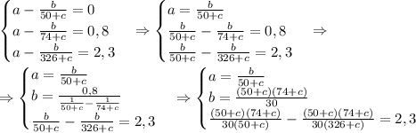 \begin{cases}a-\frac b{50+c}=0\\a-\frac b{74+c}=0,8\\a-\frac b{326+c}=2,3\end{cases}\Rightarrow\begin{cases}a=\frac b{50+c}\\\frac b{50+c}-\frac b{74+c}=0,8\\\frac b{50+c}-\frac b{326+c}=2,3\end{cases}\Rightarrow\\\Rightarrow\begin{cases}a=\frac b{50+c}\\b=\frac{0,8}{\frac1{50+c}-\frac1{74+c}}\\\frac b{50+c}-\frac b{326+c}=2,3\end{cases}\Rightarrow\begin{cases}a=\frac b{50+c}\\b=\frac{(50+c)(74+c)}{30}\\\frac {(50+c)(74+c)}{30(50+c)}-\frac{(50+c)(74+c)}{30(326+c)}=2,3\end{cases}