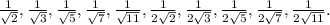 \frac{1}{\sqrt{2}},\frac{1}{\sqrt{3}},\frac{1}{\sqrt{5}},\frac{1}{\sqrt{7}},\frac{1}{\sqrt{11}},\frac{1}{2\sqrt{2}},\frac{1}{2\sqrt{3}},\frac{1}{2\sqrt{5}},\frac{1}{2\sqrt{7}},\frac{1}{2\sqrt{11}}.