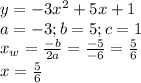 y=-3x^2+5x+1 \\ &#10;a=-3;b=5;c=1 \\ &#10;x_{w}= \frac{-b}{2a}= \frac{-5}{-6}= \frac{5}{6} \\ &#10;x= \frac{5}{6}