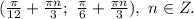 ( \frac{ \pi }{12} + \frac{\pi n}{3};\ \frac{ \pi }{6} + \frac{\pi n}{3}),\ n \in Z.