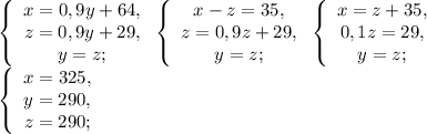 \left\{\begin{array}{c}x=0,9y+64,\\z=0,9y+29,\\y=z;\end{array}\right. \left\{\begin{array}{c}x-z=35,\\z=0,9z+29,\\y=z;\end{array}\right. \left\{\begin{array}{c}x=z+35,\\0,1z=29,\\y=z;\end{array}\right. \\ \left\{\begin{array}{c}x=325,\\y=290,\\z=290;\end{array}\right.