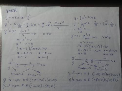 Исследуйте функцию на монотонность и экстремумы у=4 ln x-x^2/2 y= 1/6 x^2-3lnx