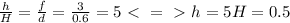 \frac{h}{H}=\frac{f}{d}=\frac{3}{0.6}=5 \ \textless \ =\ \textgreater \ h=5H=0.5