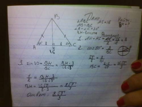 Найдите высоту проведенную к основанию равнобедренного треугольника если основание равно 16 а угол п