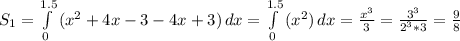 S_{1}= \int\limits^{1.5}_{0} {(x^{2}+4x-3-4x+3)} \, dx=\int\limits^{1.5}_{0} {(x^{2})} \, dx= \frac{x^{3}}{3}= \frac{3^{3}}{2^{3}*3}=\frac{9}{8}