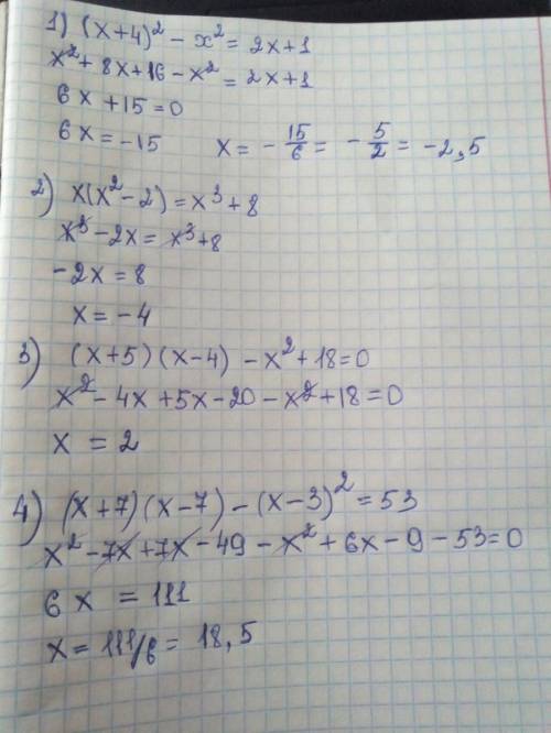 Решите уравнение: 1)(х+4)^2 - x^2=2x+1. 2)x(x^2 -2)=x^3+8 . 3)(x+5)(x-4)-x^2+18=0 . 4)(x+7)(x--3)^2=