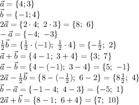 \vec{a}=\{4;3\}&#10;\\\&#10;\vec{b}=\{-1;4\}&#10;\\\&#10;2\vec{a}=\{2\cdot4;\ 2\cdot3\}=\{8;\ 6\}&#10;\\\&#10;-\vec{a}=\{-4;\ -3\}&#10;\\\&#10; \frac{1}{2} \vec{b}=\{ \frac{1}{2}\cdot(-1) ;\ \frac{1}{2}\cdot4\}=\{- \frac{1}{2} ;\ 2\}&#10;\\\&#10;\vec{a}+\vec{b}=\{4-1;\ 3+4\}=\{3;\ 7\}&#10;\\\&#10;\vec{a}-\vec{b}=\{4-(-1);\ 3-4\}=\{5;\ -1\}&#10;\\\&#10;2\vec{a}- \frac{1}{2} \vec{b}=\{8-(- \frac{1}{2}) ;\ 6-2\}=\{8\frac{1}{2} ;\ 4\}&#10;\\\&#10;\vec{b}-\vec{a}=\{-1-4;\ 4-3\}=\{-5;\ 1\}&#10;\\\&#10;2\vec{a}+\vec{b}=\{8-1;\ 6+4\}=\{7;\ 10\}