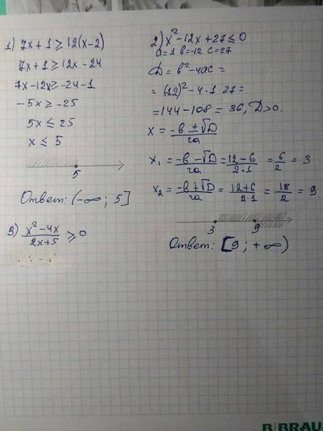 Решите неравенство: 1) 7x+1≥12(x-2) 2) x²-12x+27≤0 3) , !