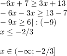 -6x+7 \geq 3x+13\\-6x-3x \geq 13-7\\-9x \geq 6|:(-9)\\x \leq -2/3\\\\x\in(-\infty;-2/3]