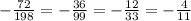 - \frac{72}{198} = - \frac{36}{99} =- \frac{12}{33} =- \frac{4}{11}