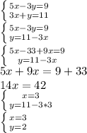 \left \{ {{5x-3y=9} \atop {3x+y=11}} \right. \\ \left \{ {{5x-3y=9} \atop {y=11-3x}} \right. \\ \left \{ {{5x-33+9x=9} \atop {y=11-3x}} \right. \\5x+9x=9+33 \\ 14x=42 \\ \left \{ {{x=3} \atop {y=11-3*3}} \right. \\ \left \{ {{x=3} \atop {y=2}} \right.