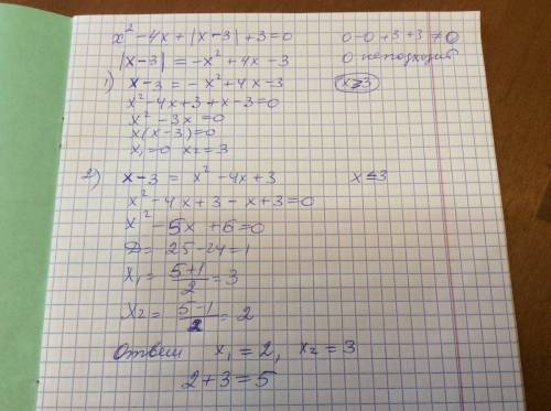 Сумму корней уравнения х^2 -4х +|х-3|+3=0 ( что с модулем тут делать? )