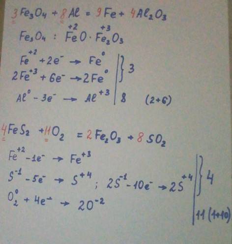 Расставьте коэффициенты методом электронного fe3o4+al=fe+al2o3 fes2+o2=fe2o3+so2 cu2s+hno3=cu(no3)2+