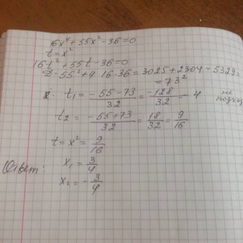Решите биквадратные уравнения 16х^4+55х^2-36=0