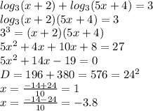 log _{3} (x+2) + log_{3} (5x+4)=3 \\ log_{3} (x+2)(5x+4)=3 \\ 3 ^{3} =(x+2)(5x+4) \\ 5 x^{2} +4x+10x+8=27 \\ 5 x^{2} +14x-19=0 \\ &#10;D=196+380=576=24 ^{2} \\ x= \frac{-14+24}{10} =1 \\ x= \frac{-14-24}{10}=-3.8