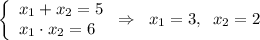 \left \{\begin{array}{lcl} {{x_1 + x_2=5} \\ {x_1\cdot x_2 =6}}\end{array} \right. \Rightarrow \;\;x_1 = 3,\;\;x_2 = 2