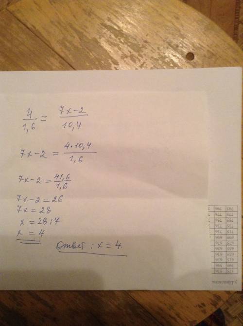 Решить 4/1,6=7х-2/10,4 как можно быстрее