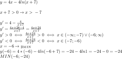 y=4x-4ln(x+7) \\ \\ &#10;x+7\ \textgreater \ 0\rightarrow x\ \textgreater \ -7 \\ \\ &#10;y'=4- \frac{4}{x+7} \\ &#10;y'= \frac{4x+28-4}{x+7} = \frac{4x+24}{x+7} \\ &#10;y'\ \textgreater \ 0\iff \frac{4x+24}{x+7}\ \textgreater \ 0\iff x\in (-\infty;-7)\vee (-6;\infty) \\ &#10;y'\ \textless \ 0\iff \frac{4x+24}{x+7}\ \textless \ 0\iff x\in (-7;-6) \\ &#10;x=-6\rightarrow y_{MIN} \\ &#10;y(-6)=4*(-6)-4ln(-6+7)=-24-4ln1=-24-0=-24 \\ &#10;MIN(-6;-24) \\