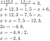 \frac{x+12,3}{2}=\frac{1,5-x}{2}+3, \\ x+12,3=1,5-x+6, \\ x+12,3=7,5-x, \\ x+x=7,5-12,3, \\ 2x=-4,8, \\ x=-4,8:2, \\ x=-2,4.