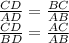 \frac{CD}{AD} = \frac{BC}{AB} \\&#10; \frac{CD}{BD} = \frac{AC}{AB}