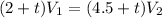 (2+t)V_{1}=(4.5+t)V_{2}