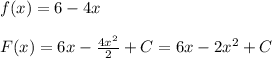 f(x)=6-4x\\\\F(x)=6x- \frac{4x^2}{2}+C=6x-2x^2+C